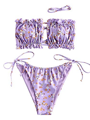 ZAFUL - Bikini tipo bandeau floral para mujer morado L