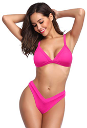 SHEKINI Mujer Copa Triangular Traje de Bikini Bañador de ala Ancha Traje de Baño Baúles de Natación de Corte Alto (L, Rosa Fluorescente) características