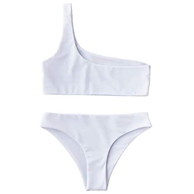 ZAFUL Mujer Un Hombro Bikini Set monocromo de dos piezas Bañador Blanco L