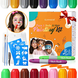 Pinturas Cara para Niños-GLAMADOR Kit de Pintura Faciales y Corporales-16 Colores,2 Tiza de Pelo,28 Plantillas Pequeñas-Seguridad,No tóxico-Perfectos  características