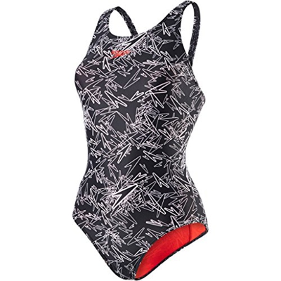 Speedo Boom Allover, Bañador para Mujer, multicolor (Negro/Blanco (Lava Red Liner And Branding)), talla 38 EU