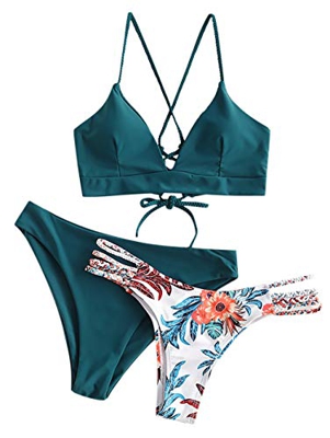 ZAFUL - Conjunto de bikini para mujer con rejilla, diseño floral verde oscuro S