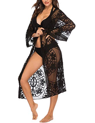 iWoo - Cárdigan kimono sexi para mujer, largo, para proteger del sol en la playa, de encaje floral estilo crochet para cubrirse en la playa. Negro B-n