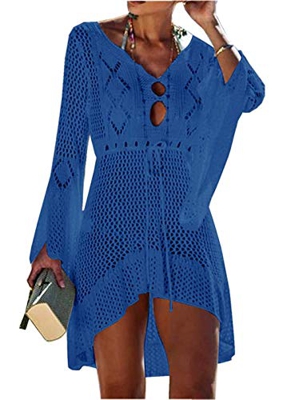 Jinsha Vestido de Playa - Mujer Pareos y Camisola de Playa Sexy Hueco Traje de Baño Punto Bikini Cover up (Blue)