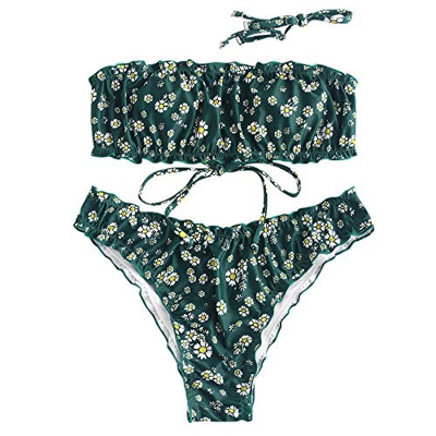 ZAFUL - Conjunto de bikini bandeau de dos piezas sin tirantes con estampado de margaritas y lechuga de girasol