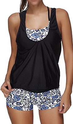 Leslady Traje Tankini Conjuntos Estampados Florales de Tankini Set de Chaleco Deportivo Elástico de 3 Piezas Soft Wicking Confort Elástico Top Swimwea