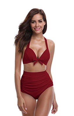 SHEKINI Mujer Triángulo Push up Bikini Set Cintura Alta Braguitas Arruga Trajes de Baña Bañador De Dos Piezas Conjuntos (L, Vino)