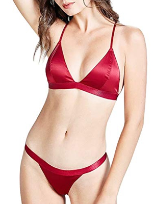 Awake Lingerie Elegante Bralette de Triángulo Satinado y Bragas, Sujetador Cruzado Strappy sin Aro sin Relleno, Conjunto de Lencería para Mujer (Large