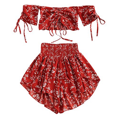 ZAFUL Trajes de Baño Mujer Top Corto Lazada Delantera Estampado Hombro Descubierto Pantalones Cortos Ropa de Playa Dos Piezas 2019 Verano (Rojo, L)