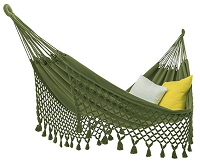 ECOMUNDY Romance XL Bio 360 - Hamaca con flecos (para 2 personas, tejido a mano, algodón orgánico, 160 x 240 x 360 cm, máx. 250 kg), color verde