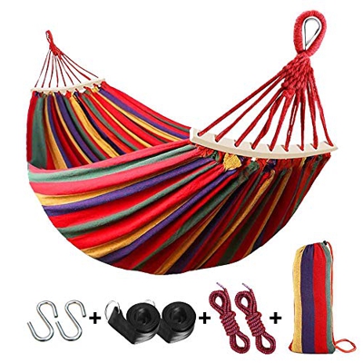 Hamaca doble para exteriores de algodón 200 x 150 cm grande con barra esparcidora Nudo de metal resistente, carga 300 kg para acampar en el jardín con