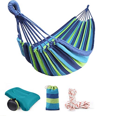 Hamaca de Algodón con una Almohada Azul, 220 x 80 cm, Máxima Capacidad de Carga 200 kg, Hamaca con Bolsa de Transporte, para Mochilero Camping Patio T
