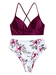 ZAFUL Mujer Lace-up Floral Hojas High Waisted Bikini Set Badeanzug borgoña L precio