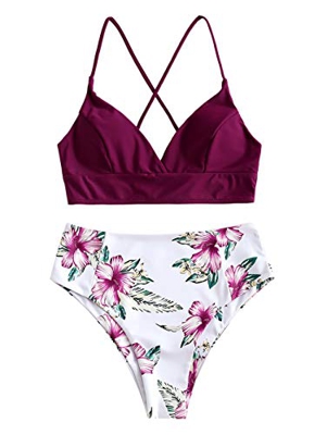 ZAFUL Mujer Lace-up Floral Hojas High Waisted Bikini Set Badeanzug borgoña L