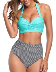 Tuopuda Mujer Retro Cintura Alta Conjunto de Bikini de Dos Piezas con Pliegues Halter Fruncido Push Up Arriba Trajes de baño Acolchados características