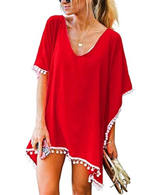 heekpek Mujer Borla Trajes de Baño Gasa Ropa de Playa Beach Bikini Cover up Camisolas y Pareos Plus Size Falda de Playa de Bikini de Traje de Baño de 