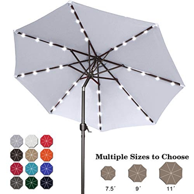 Sombrillas LED para patio de 9 pies con luces 32 LED, inclinación y manivela para jardín, cubierta, patio trasero y piscina, 12 colores (gris claro)