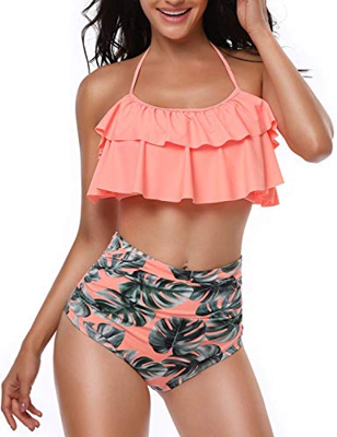 Yuson Girl Mujer Conjunto De Frill Bikini Tiras Talle Alto Tallas Grandes Sexy Traje De Baño Cuello Halter Vintage Vientre Plano con Volantes Top Biki