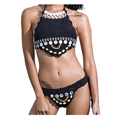 SHOBDW Mujeres Bohemias Push-up Hecho a Mano Bikini Conjunto Traje de baño Traje (Negro, S)