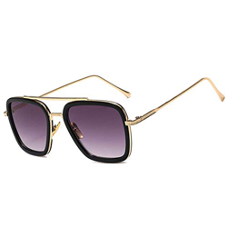 Gafas de sol con montura metálica retro Super Star/Gafas cuadradas Tony Stark/Gafas para hombres Mujeres Gafas de sol (Marco dorado/violeta 【lente rec en oferta