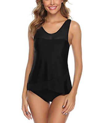 Aibrou Mujer Blouson Tankini Traje de baño Impreso/Color Sólido Camiseta sin Mangas Top y Pantalones Cortos 2 Piezas Traje de baño Adelgazante Halter 