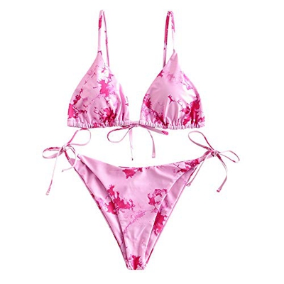 ZAFUL - Bikini acolchado de dos piezas con estampado de tie-Dye, triángulo de copa y cintura baja Tie-Dye Rosa S