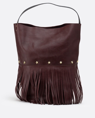 Mercules - Bolso Cubo Racer Bucket Fringes De Piel Bovina En Burdeos Con Apliques De Estrellas