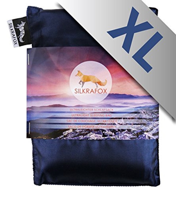 Silkrafox XL - Saco de Dormir Ultraligero para Las excursiones de Senderismo, Ancho Extragrande 95 cm, los Viajes, Las acampadas, Seda Artificial, Azu