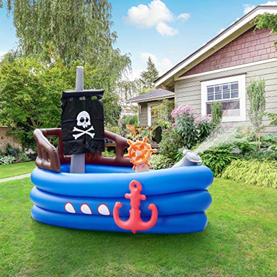 Teamson Kids Inflable para Niños - Barco Pirata Acuático, Azul Negro