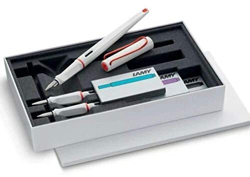 LAMY Joy de caligrafía - blanco rojo - Pluma estilográfica + 3 tamaños de plumilla + 1 paquete azul, púrpura. Cartuchos de tinta turquesa T10 - Edició en oferta