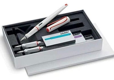 LAMY Joy de caligrafía - blanco rojo - Pluma estilográfica + 3 tamaños de plumilla + 1 paquete azul, púrpura. Cartuchos de tinta turquesa T10 - Edició
