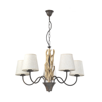 Lámpara de araña Agar, 5 pantallas de tela, madera