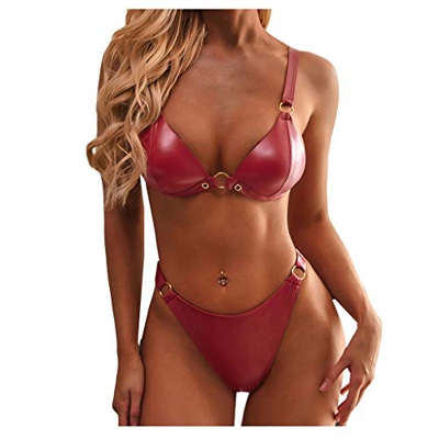 WENOVL Trajes de baño para Mujer 2020,Conjunto de Bikini de Sujetador Push-up Sexy de Cuero para Mujer Traje de baño Traje de baño