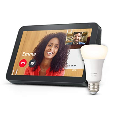 Echo Show 8, Tela de color antracita + Philips Hue Bombilla Inteligente (E27), compatible con Alexa