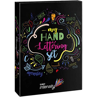 BIC My Hand Lettering Set con Rotuladores BIC Intensity Fine (0,4 mm)/Medium (0,7 mm)/Dual Tip (Fina + Pincel) y Láminas de Caligrafía - Varios Colore