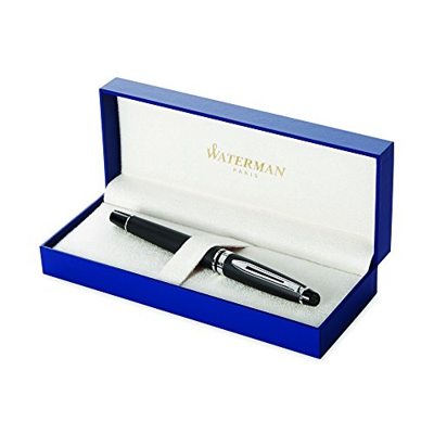 Waterman Expert pluma estilográfica, con adorno cromado, plumín mediano con cartucho de tinta azul, estuche de regalo, color negro mate