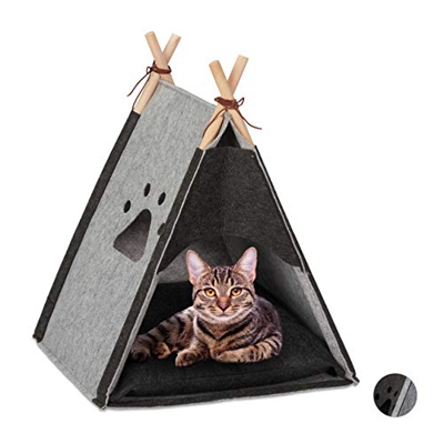 Relaxdays Tipi para Gatos, Cama Cueva Iglú, Casa Perro Pequeño, Cojín, Fieltro-Madera, 1 Ud, 57x46x45 cm, Gris Claro