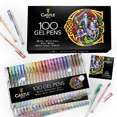 Castle Art Supplies 100 bolígrafos de gel con estuche, para niños y adultos. Libros para colorear, dibujo, scrapbooking, escritura. Kit de puntas fina