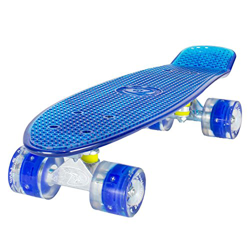 LAND SURFER® Skateboard Cruiser Retro 56cm – cojinetes ABEC-7 – Ruedas que se iluminan 59mm PU + bolsa para el transporte - Tabla Azul Transparente/Ru precio