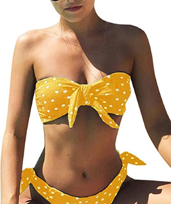 Voqeen Mujeres Cuello Halter Sin Tirantes Bandeau Giro Hacer Subir Lunares Conjunto de Bikini Traje de baño (Amarillo, XL)