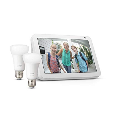 Echo Show 8, Tela de color gris claro + Philips Hue White Pack de 2 bombillas LED inteligentes, compatible con Bluetooth y Zigbee, no se requiere cont