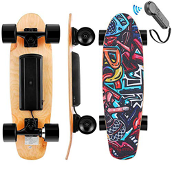WOOKRAYS Skateboard eléctrico con control remoto, motor de 350 W, velocidad máxima de 20 km / h, ajuste de 3 velocidades, patineta eléctrico para niño características
