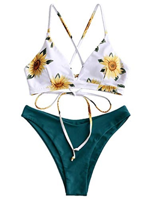 ZAFUL Conjunto de Bikini con Relleno Push Up Triangular Busto Ajustable con Tirantes Cruzados Traseros Estampado Talle Bajo (Margarita-Verde Oscuro, S