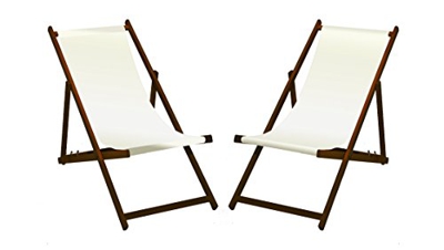2 x Tumbona, madera con Barniz dunkelbrauner, color blanco sin reposabrazos, plegable, con funda de tela intercambiables