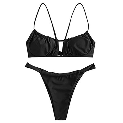 ZAFUL - Bikini acolchado de dos piezas para mujer, con agujero de llave, corbata de estilo desenfadado Negro S