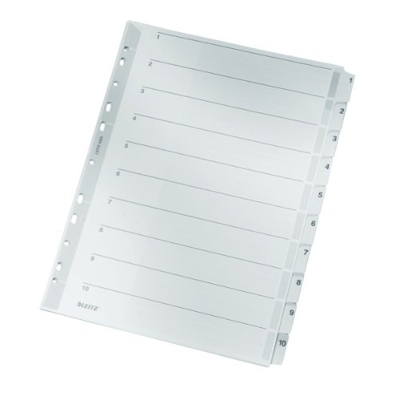 Leitz A4 Índice 1-10, Pestañas Reforzadas con Mylar y Orificios, Cartón Resistente, Gris, 10 Pestañas con Carátula de Índice, 43240000