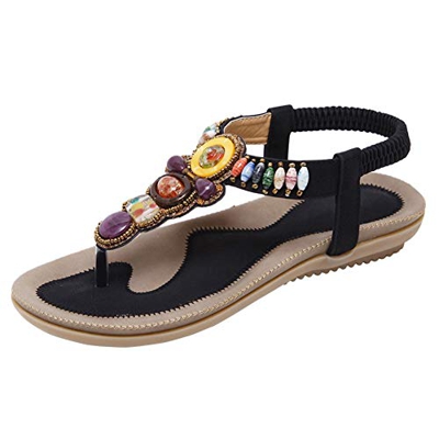 Sandalias de vestir planas para mujer, estilo bohemio, con cuentas de gladiador, color Negro, talla 37 EU