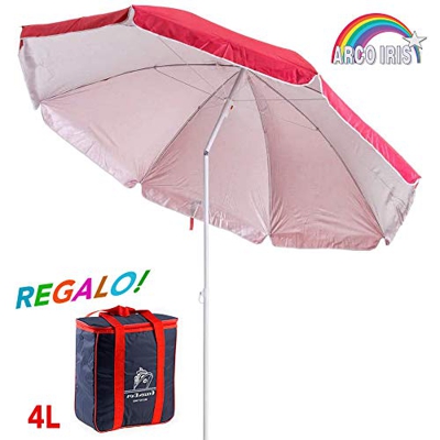 Arcoiris Sombrilla Playa con un Bolso Termico 4L, Parasol de Aluminio Protección Solar (180cm, Rojo)