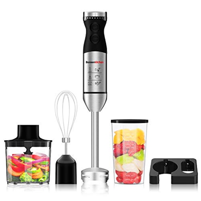 Bonsenkitchen Batidora de Mano, Batidora Eléctrica de Alto rendimiento 4 en 1, Batidora Multifunción Ajustable de 9 Velocidades, con Vaso Medidor, Pic