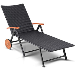 Casaria Tumbona Plegable de Poliratán Negro reclinable con 2 Ruedas de Madera de Acacia para jardín terraza balcón en oferta